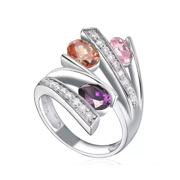 Sterling Silver Ring, purple pink  AAA CZ  faceted Stones, unique statement ring - Picture 6 of 11